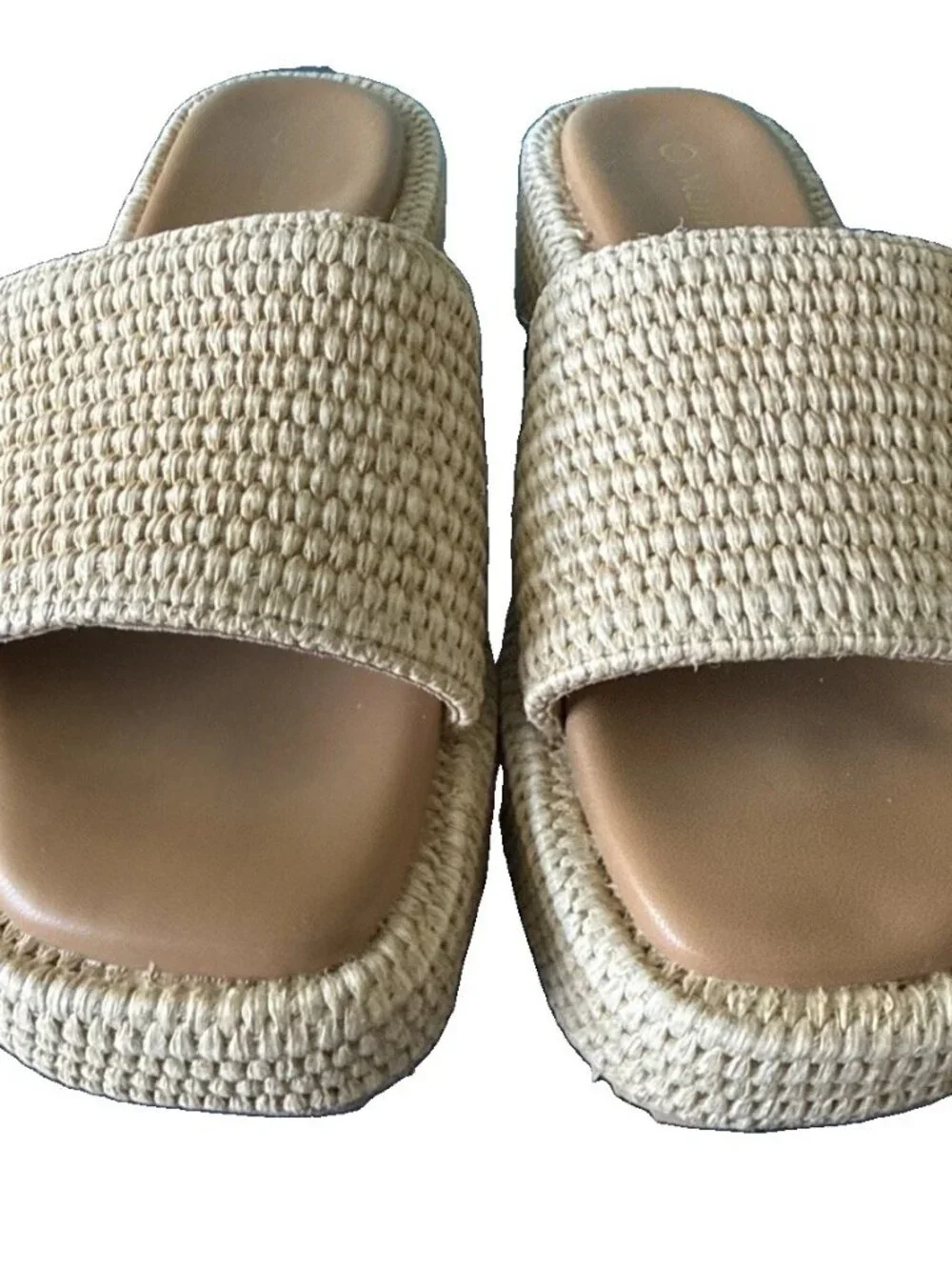 Platform Sandals Raffia Espadrilles Slip On Slides Summer Sz 6 Natural Beige